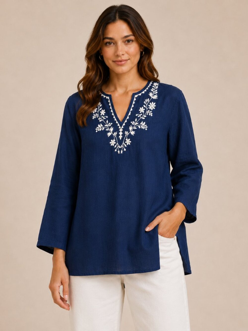 JM Collection Women's Linen Tunic 16W Blue Embroidered Boho Peasant Top